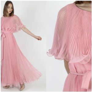 Miss Elliette Peachy Coral Pleated Accordion Chiffon Floor Length Dress